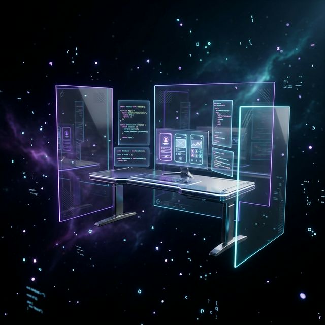 Futuristic workstation floating in zero gravity